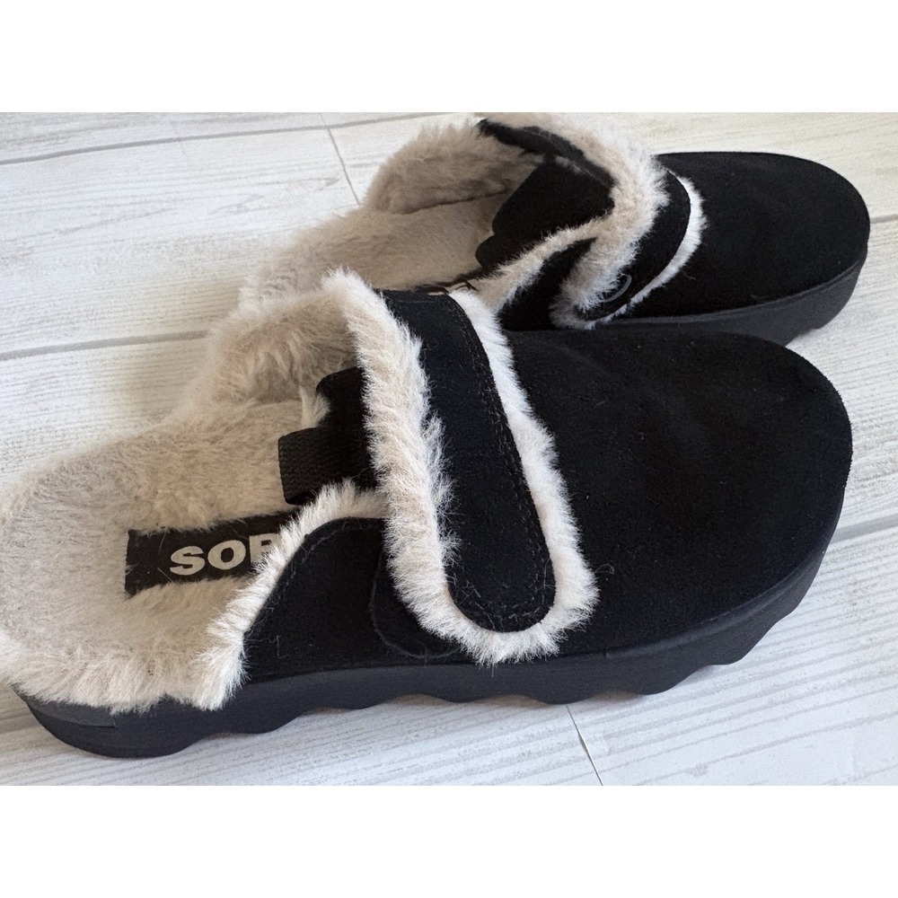 SOREL Viibe Clog Women's Suede Cozy Casual Faux Fur Lined Black Slip On Size 6
